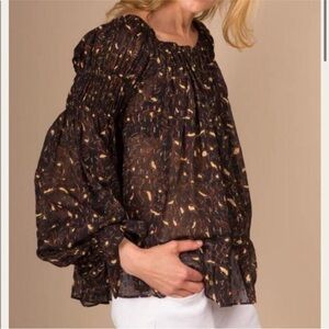 Ulla Johnson Farai Blouse Off Shoulder Brown Metallic Semi-Sheer Blouse Size 4